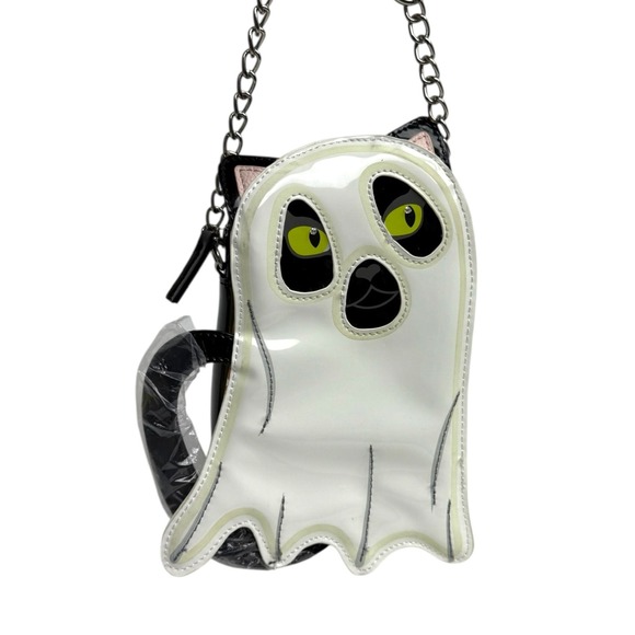 NWOT Betsey Johnson Ghost Cat Crossbody Halloween Purse Chain Strap Black White - Picture 1 of 8